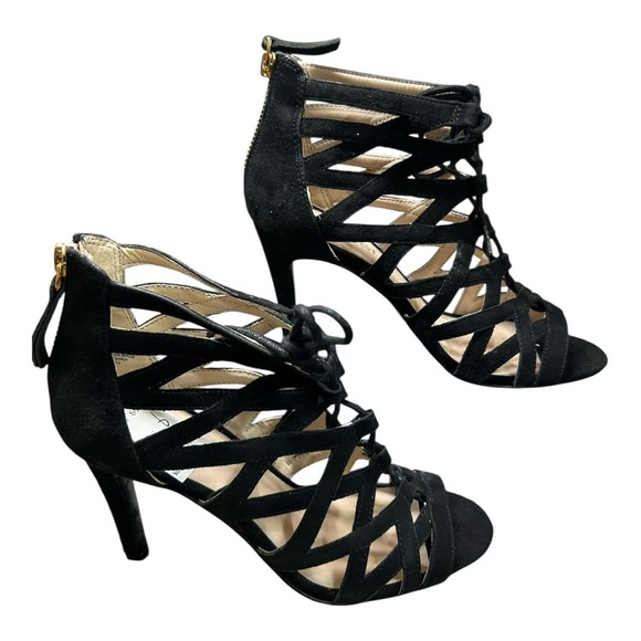 Nine West Authority Black Suede leather Peep Toe Cutout Heels Sz 6 (New)Strappy - Picture 2 of 12